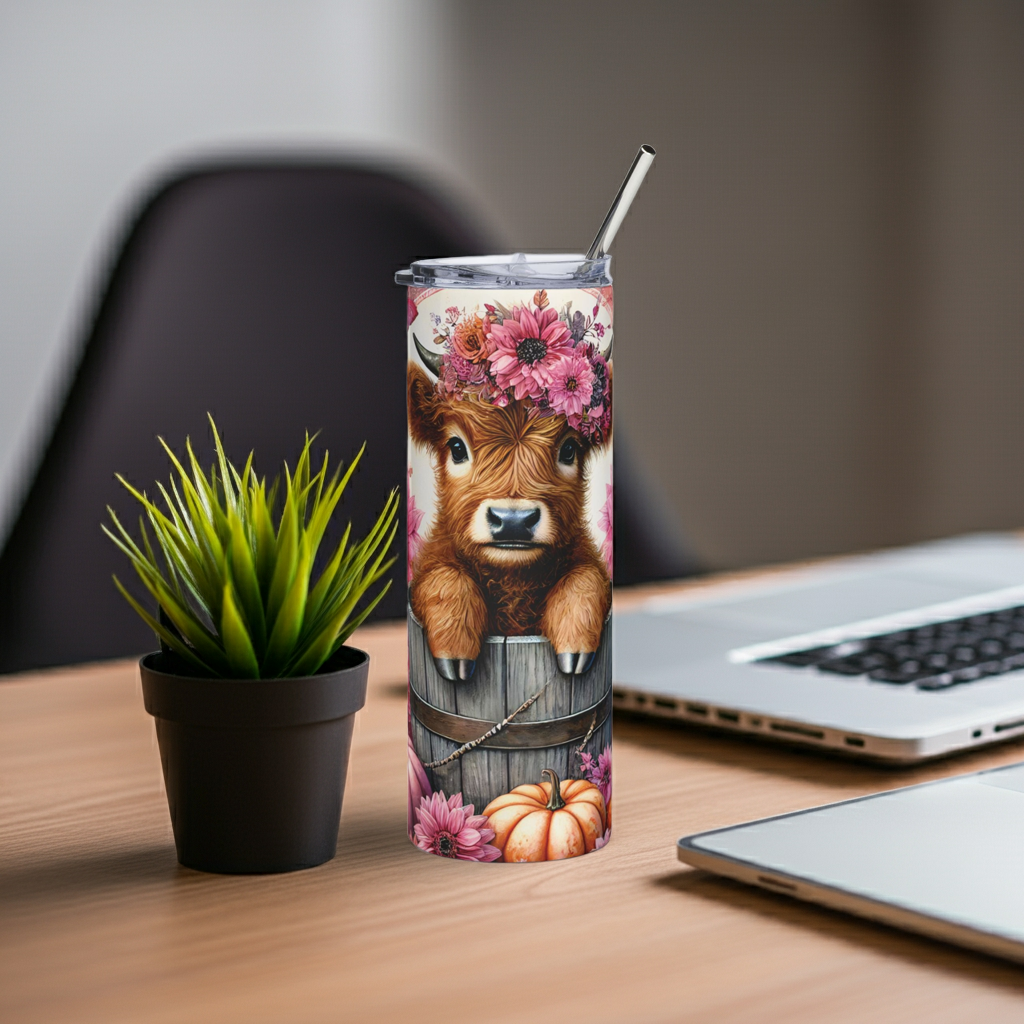 Adorable Cow Floral Tumbler, 20oz - Cute Cow Drinkware for Farmhouse Decor, Birthday Gift, Outdoor Events, & Fall Celebrations