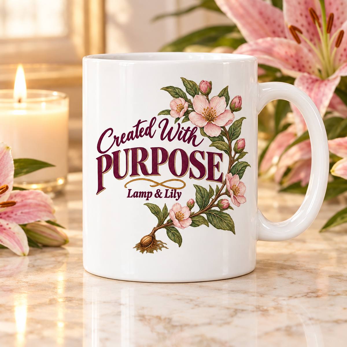 Created With Purpose Lamp & Lily mug with a floral faith design, inspired by Ephesians 2:10