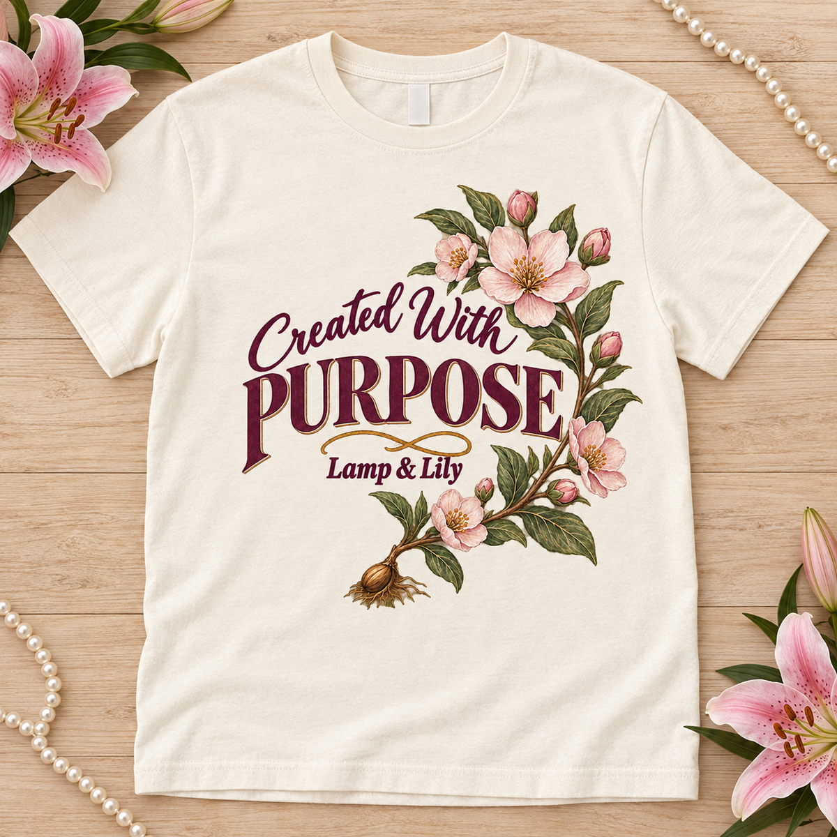 Created With Purpose Lamp & Lily tee with a floral faith design, inspired by Ephesians 2:10
