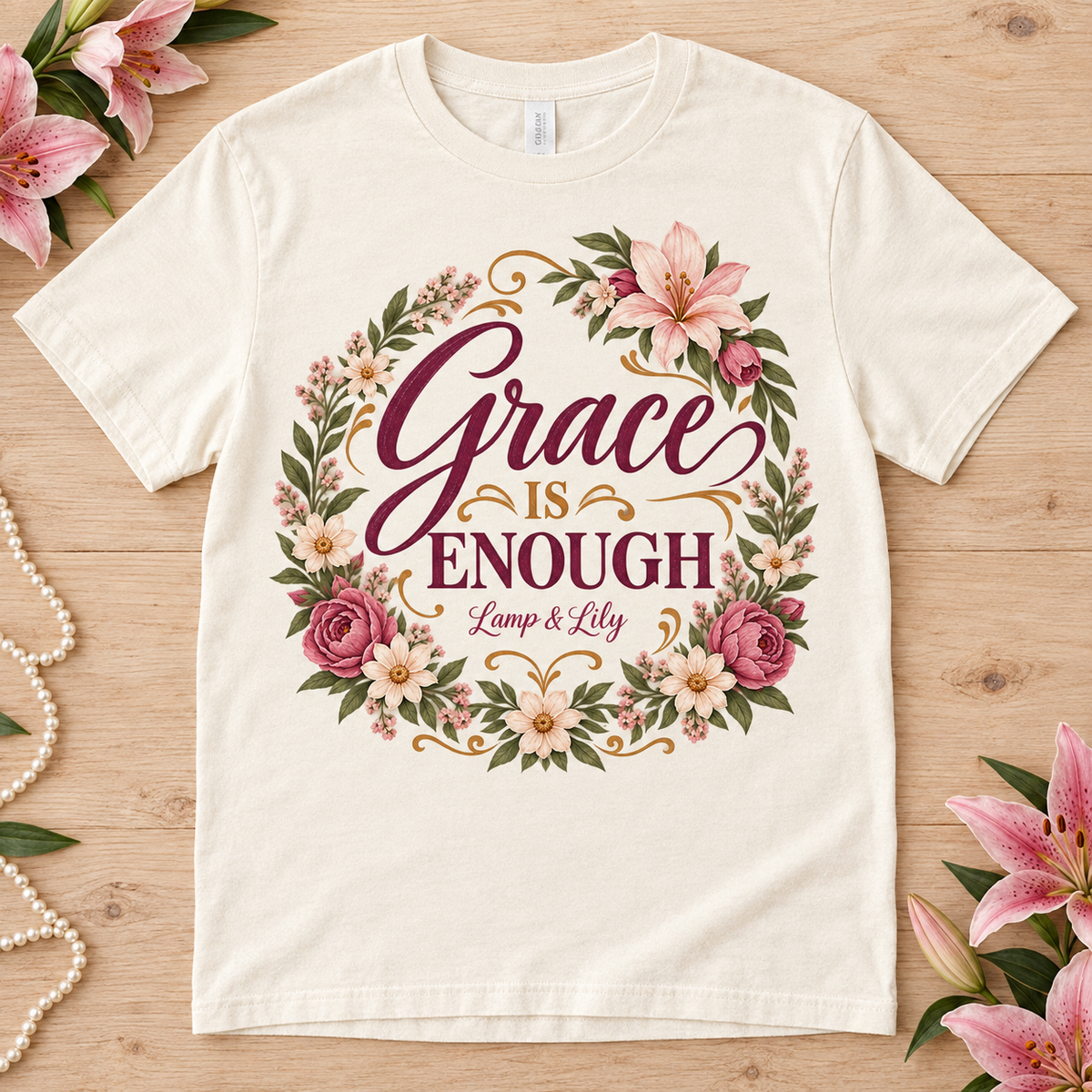 Grace is Enough Lamp & Lily tee with a floral faith design, inspired by 2 Corinthians 12:9