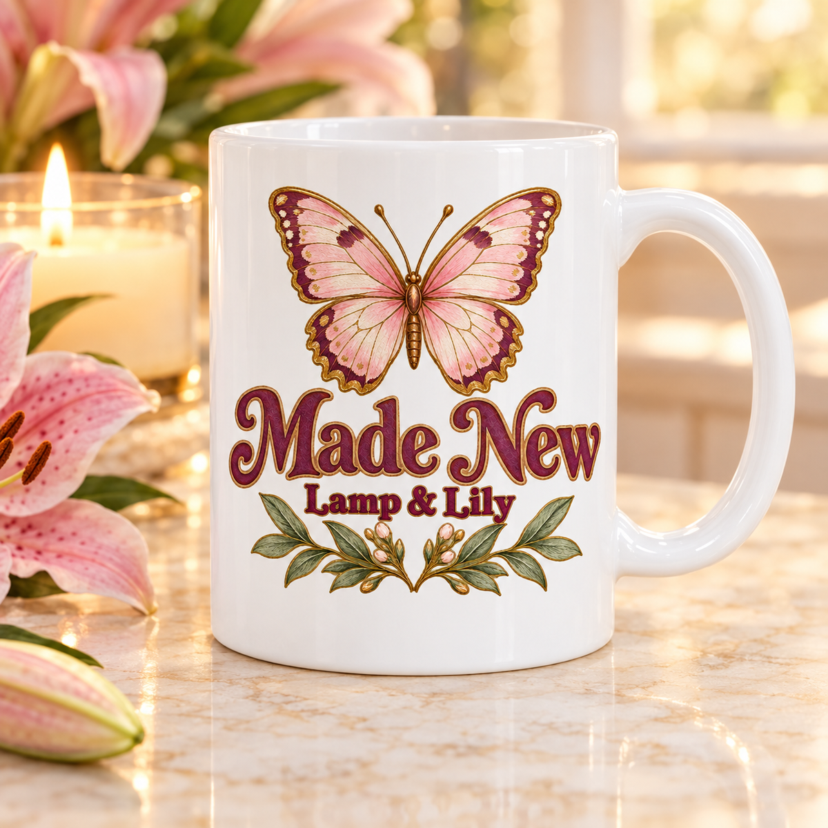 Made New Lamp & Lily mug with a floral faith design, inspired by 2 Corinthians 5:17