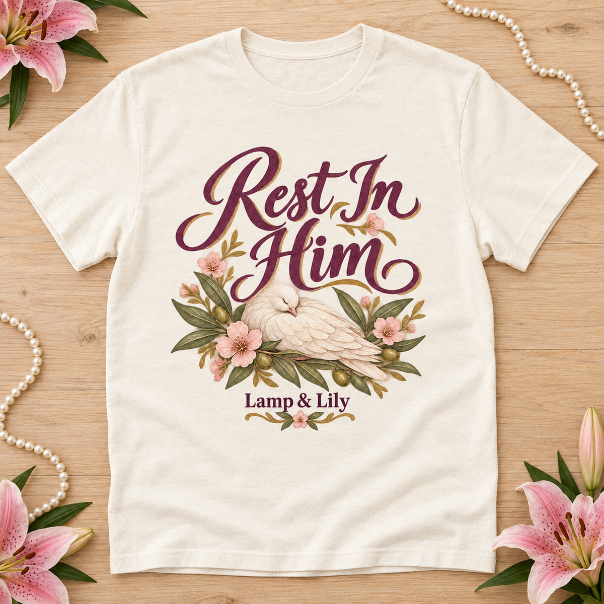 Rest in Him Lamp & Lily tee with a floral faith design, inspired by Matthew 11:28