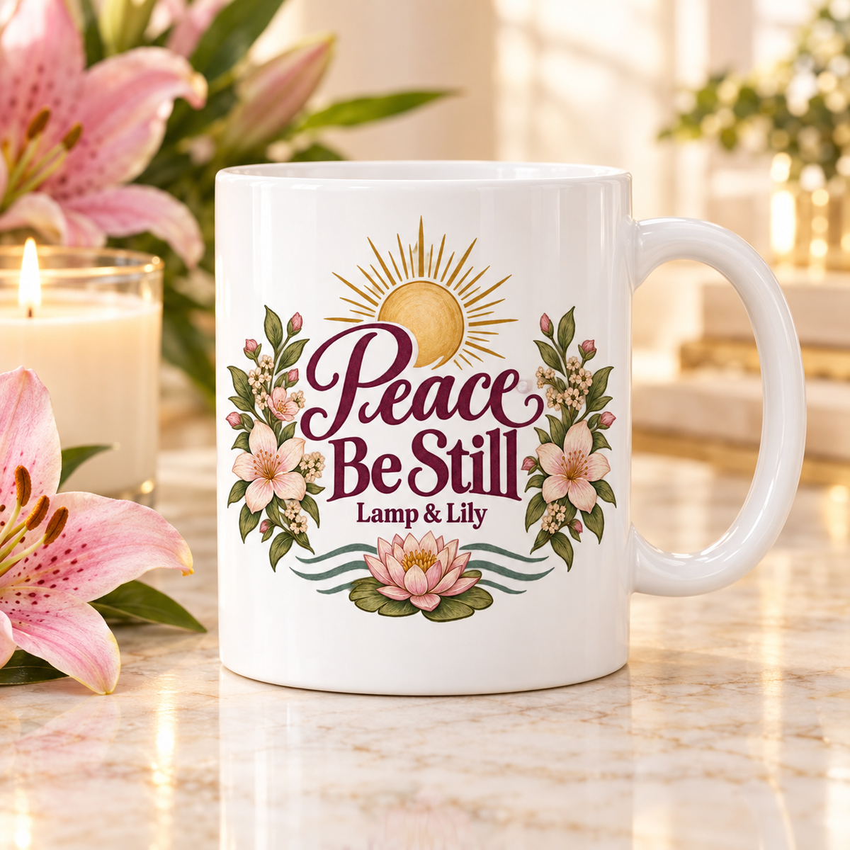 Peace Be Still Lamp & Lily mug with a floral faith design, inspired by Isaiah 26:3