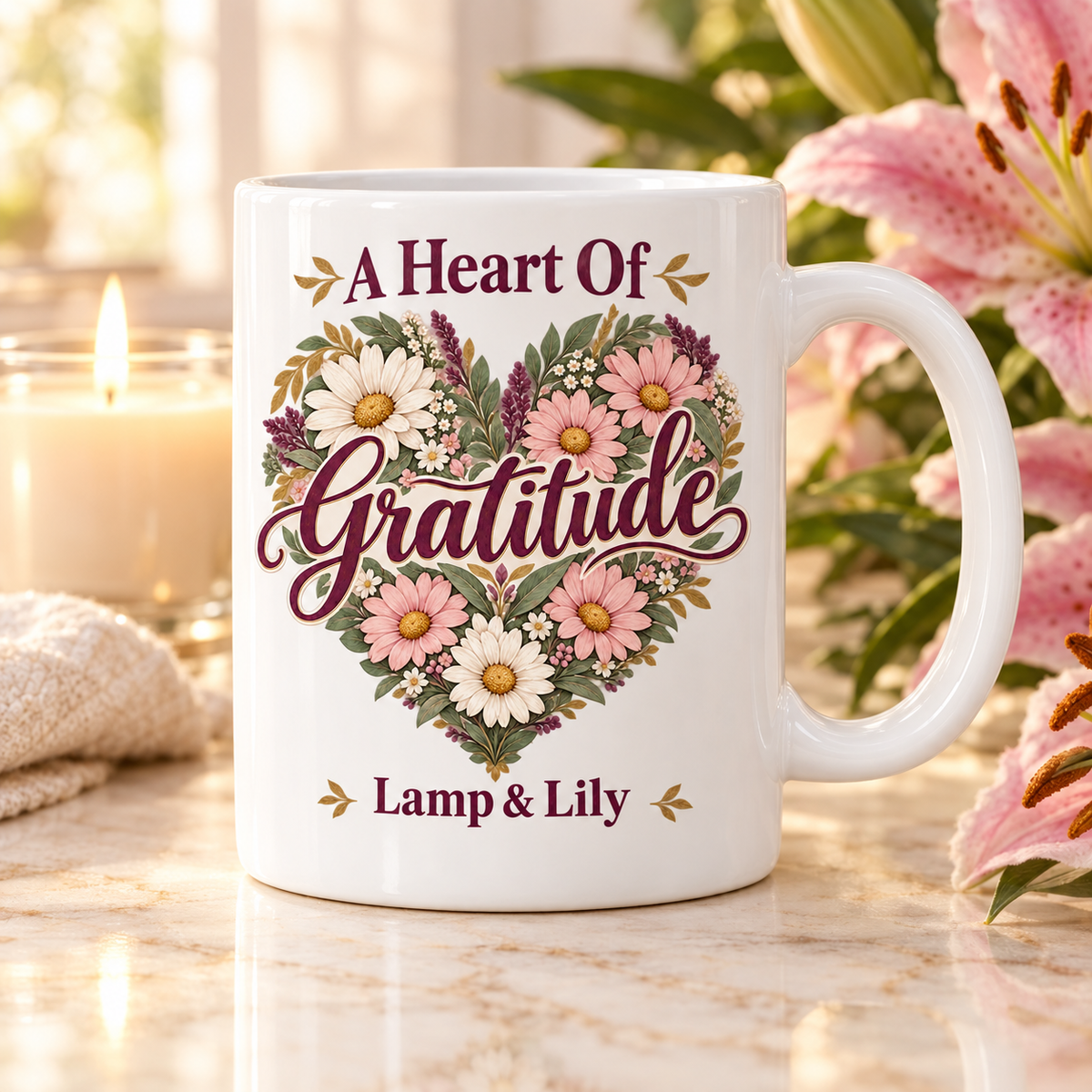 A Heart of Gratitude Lamp & Lily coffee mug with a floral heart of daisies and pink blossoms, inspired by 1 Thessalonians 5:18