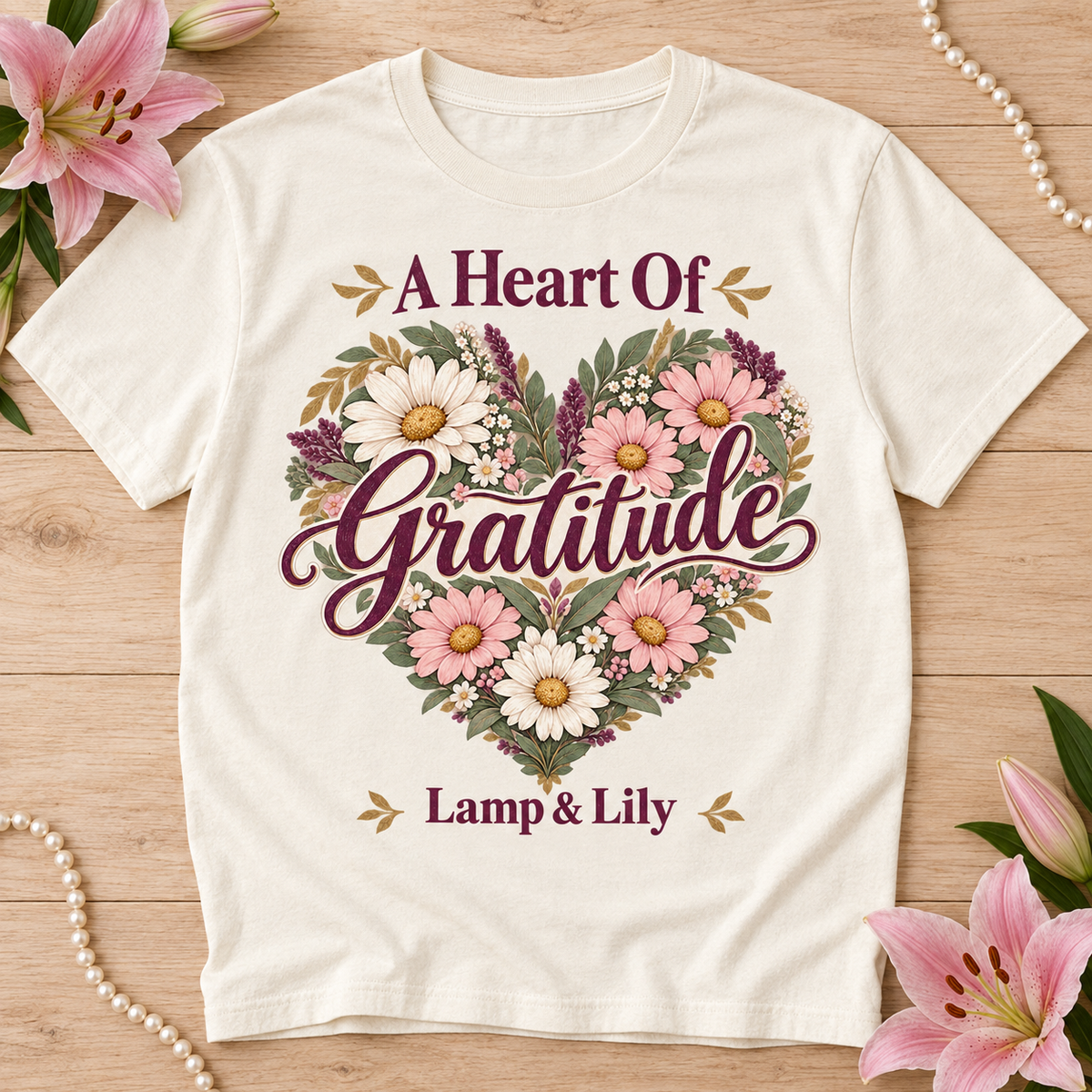 A Heart of Gratitude Lamp & Lily tee with a floral faith design, inspired by 1 Thessalonians 5:18