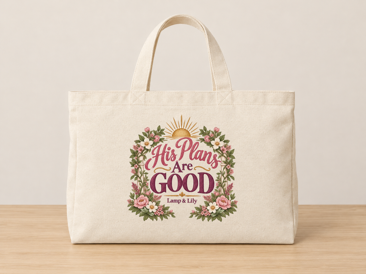 His Plans Are Good cream canvas tote, Lamp and Lily Day 19