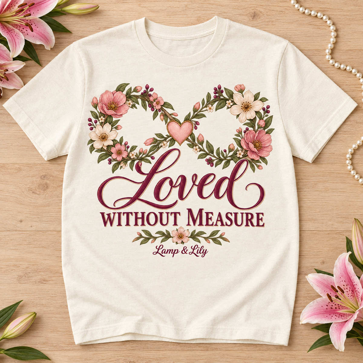 Loved without Measure Lamp & Lily tee with a floral faith design, inspired by Romans 5:8
