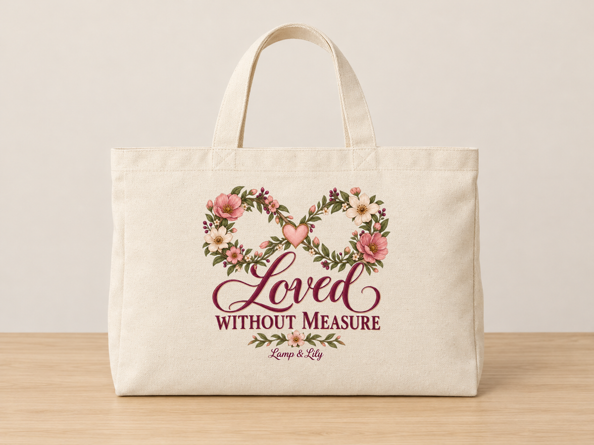 Loved without Measure cream canvas tote, Lamp and Lily Day 20