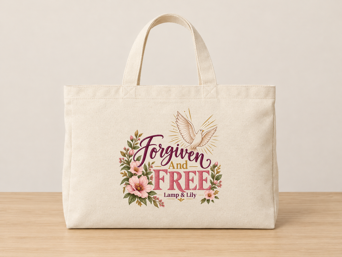 Forgiven and Free cream canvas tote, Lamp and Lily Day 21