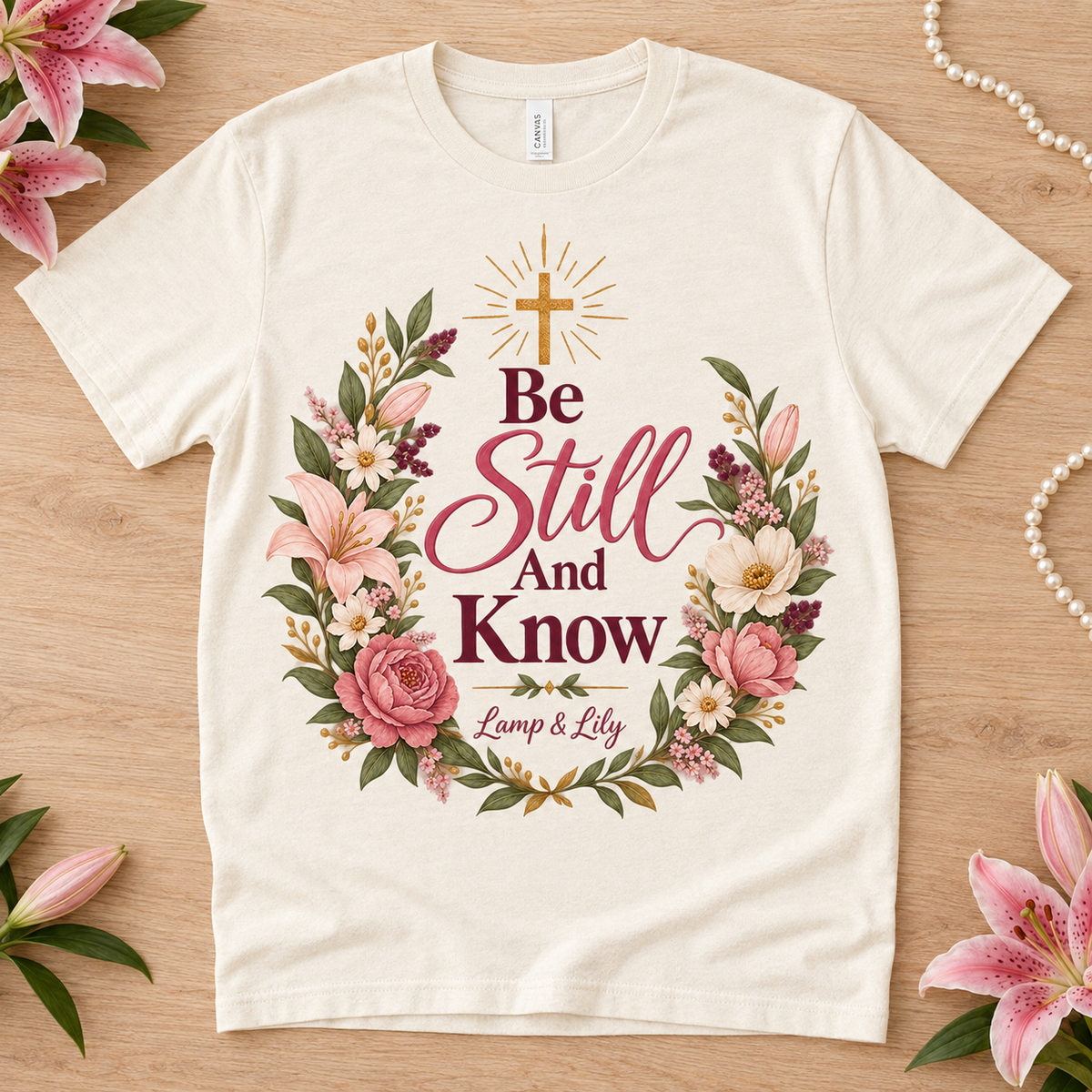 Be Still and Know Lamp & Lily tee with a floral faith design, inspired by Psalm 46:10