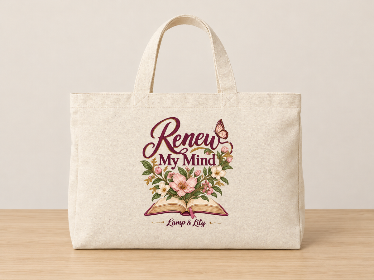 Renew my Mind cream canvas tote, Lamp and Lily Day 24