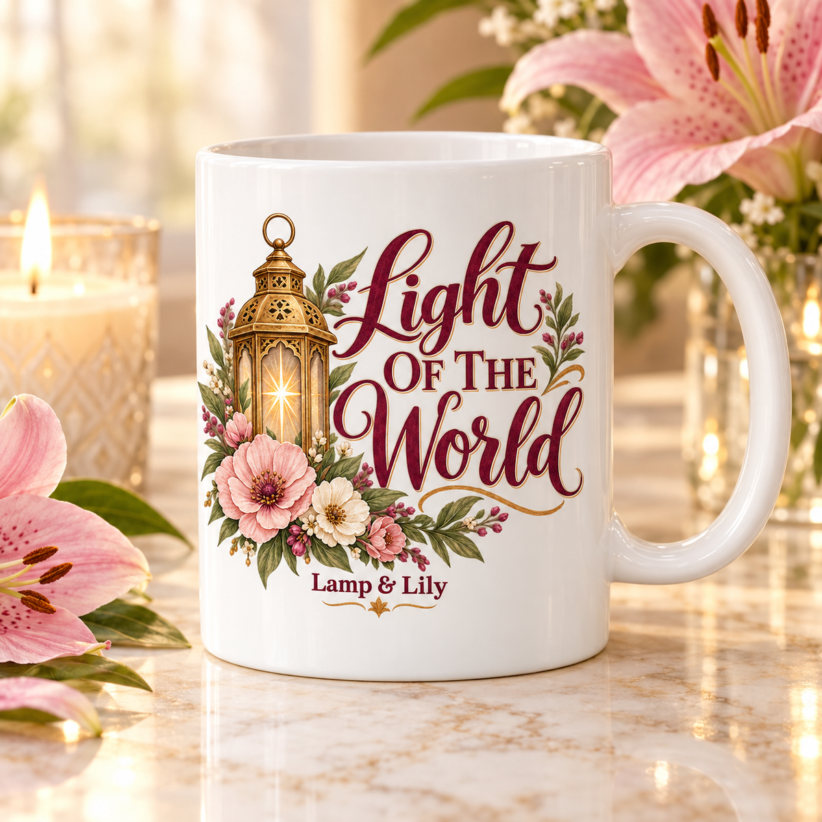 Light of the World Lamp & Lily mug with a floral faith design, inspired by John 8:12