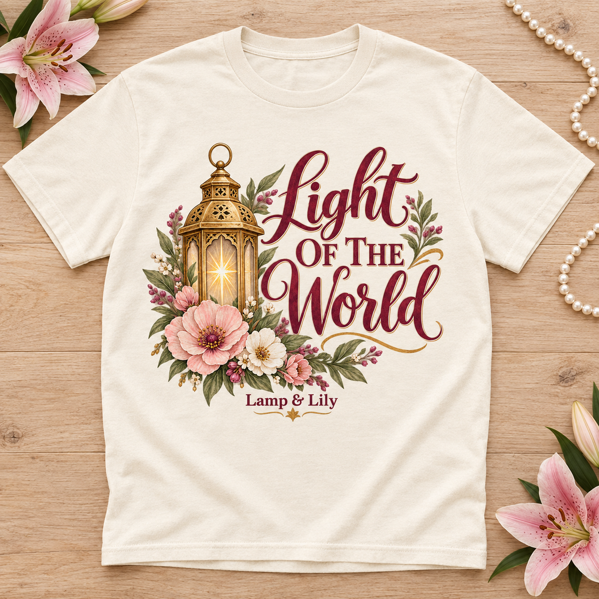 Light of the World Lamp & Lily tee with a floral faith design, inspired by John 8:12