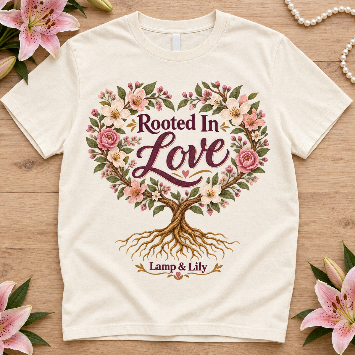 Rooted in Love Lamp & Lily tee with a floral faith design, inspired by Ephesians 3:17-18