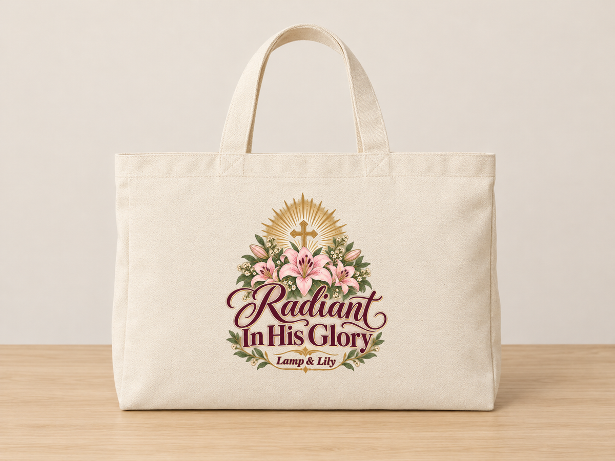 Radiant in His Glory cream canvas tote, Lamp and Lily Day 31