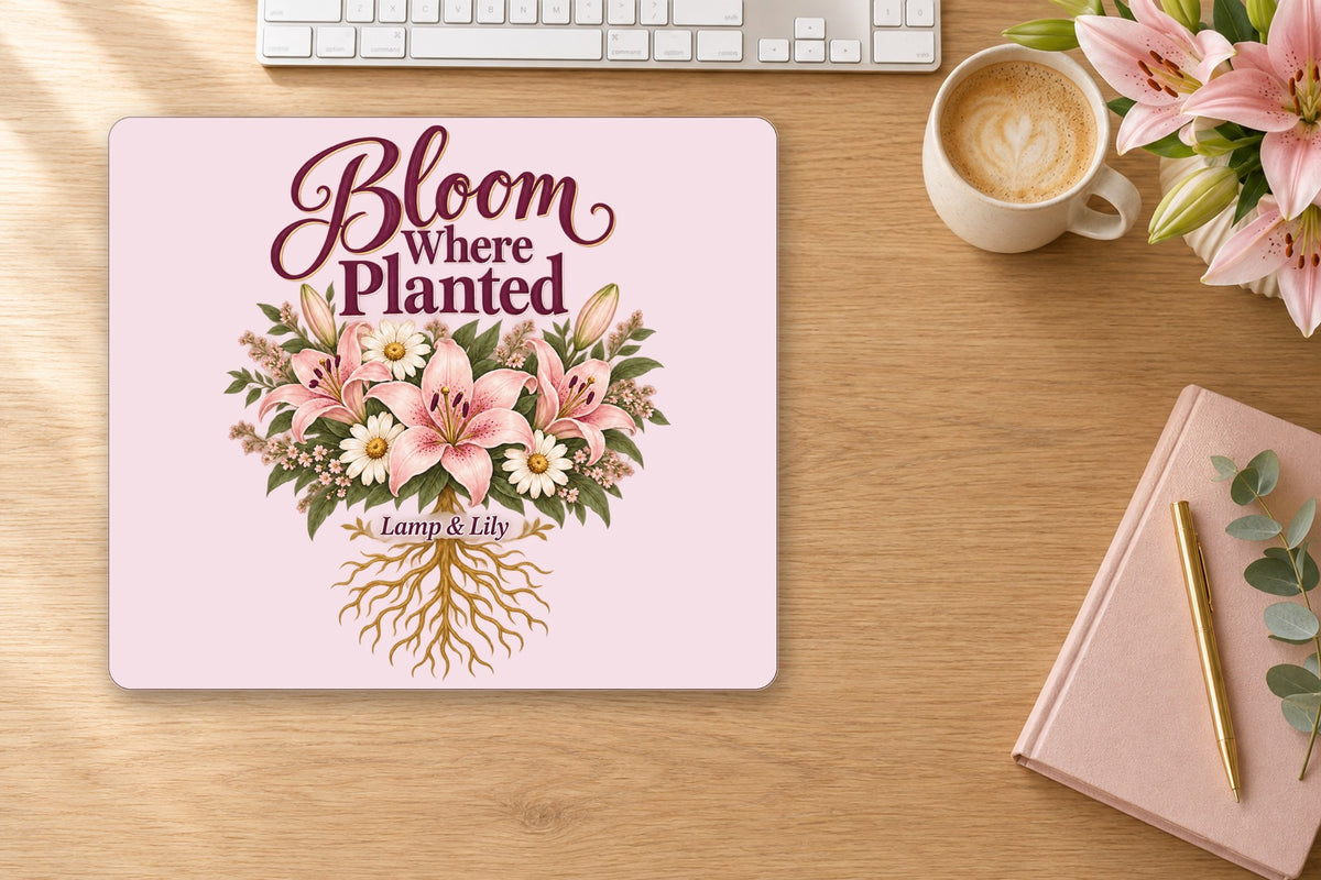 Bloom Where Planted mouse pad on a desk, pink, Lamp and Lily Day 25