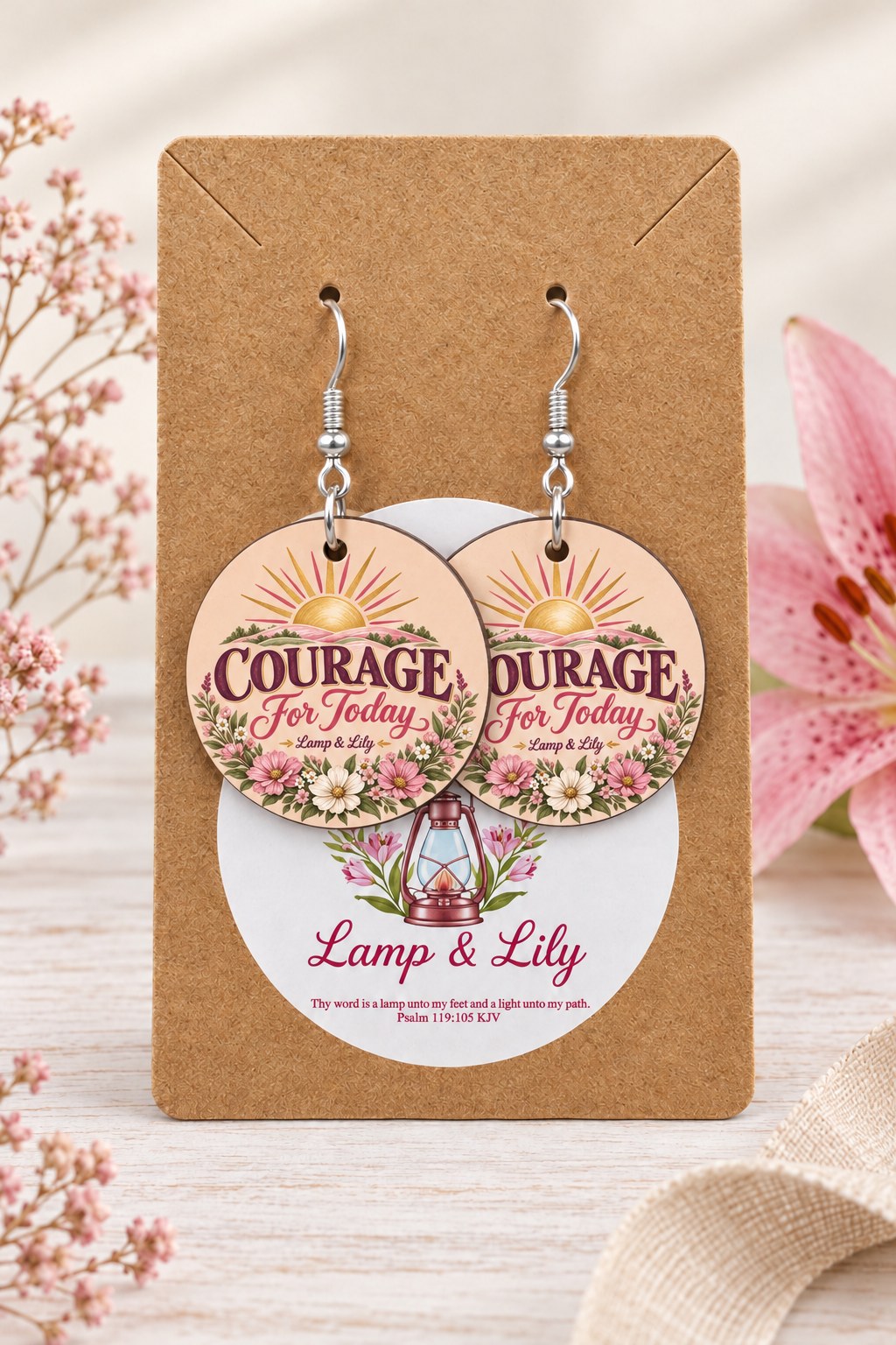Courage for Today round Lamp & Lily earrings on silver hooks displayed on a kraft earring card