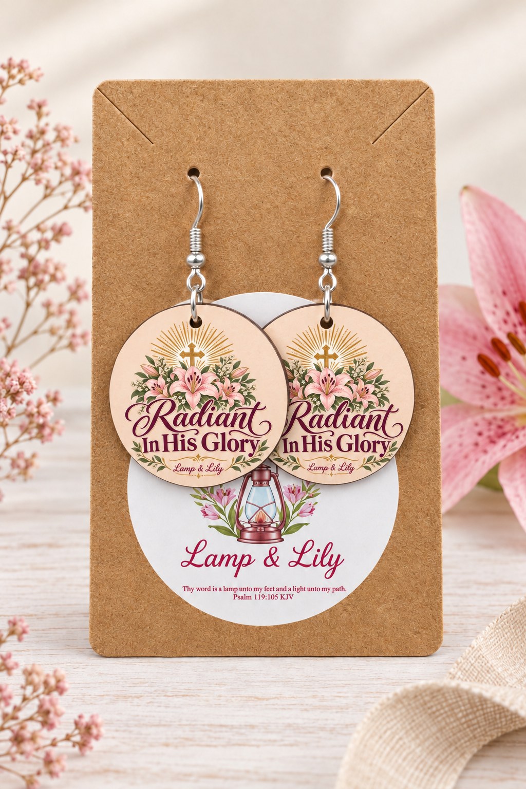 Radiant in His Glory round Lamp & Lily earrings on silver hooks displayed on a kraft earring card