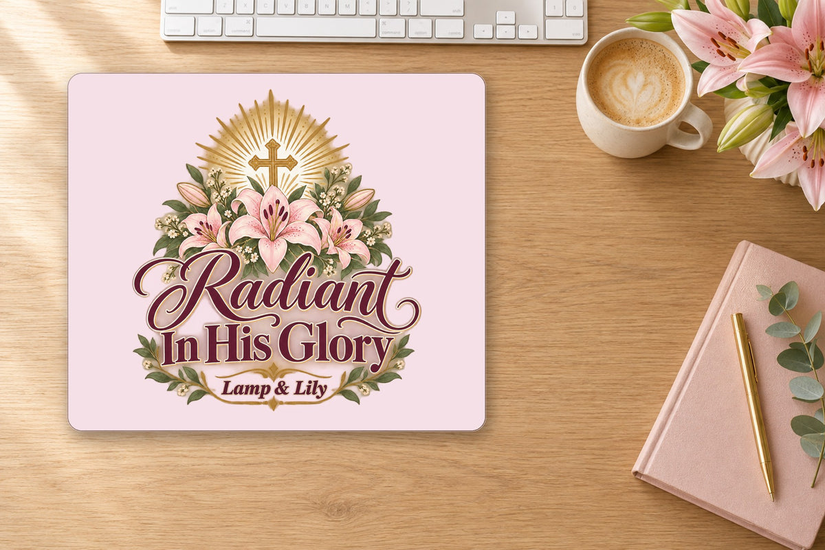 Radiant in His Glory mouse pad on a desk, Lamp and Lily Day 31