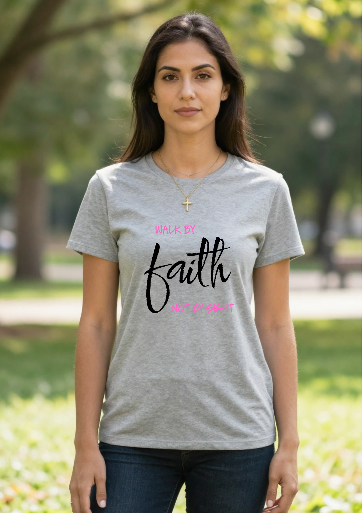 Walk by Faith Not by Sight Christian tee worn by female model in gray