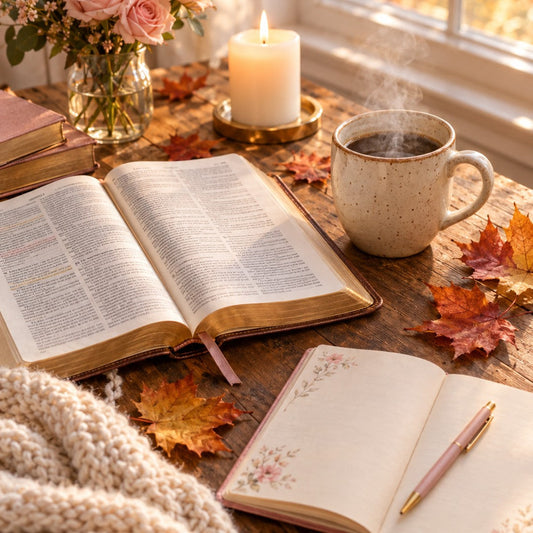 Cozy fall quiet time setup with an open Bible, a steaming speckled coffee mug, a lit candle, a floral prayer journal with a pink pen, pink roses, and autumn leaves on a wooden table.