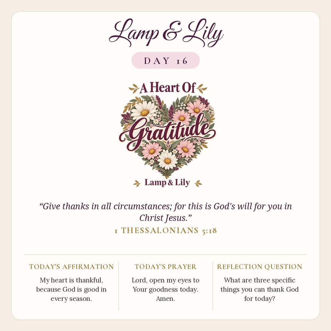 Lamp & Lily Day 16: A Heart Of Gratitude devotional graphic featuring a floral heart of daisies and pink blossoms with the words A Heart Of Gratitude, with 1 Thessalonians 5:18.