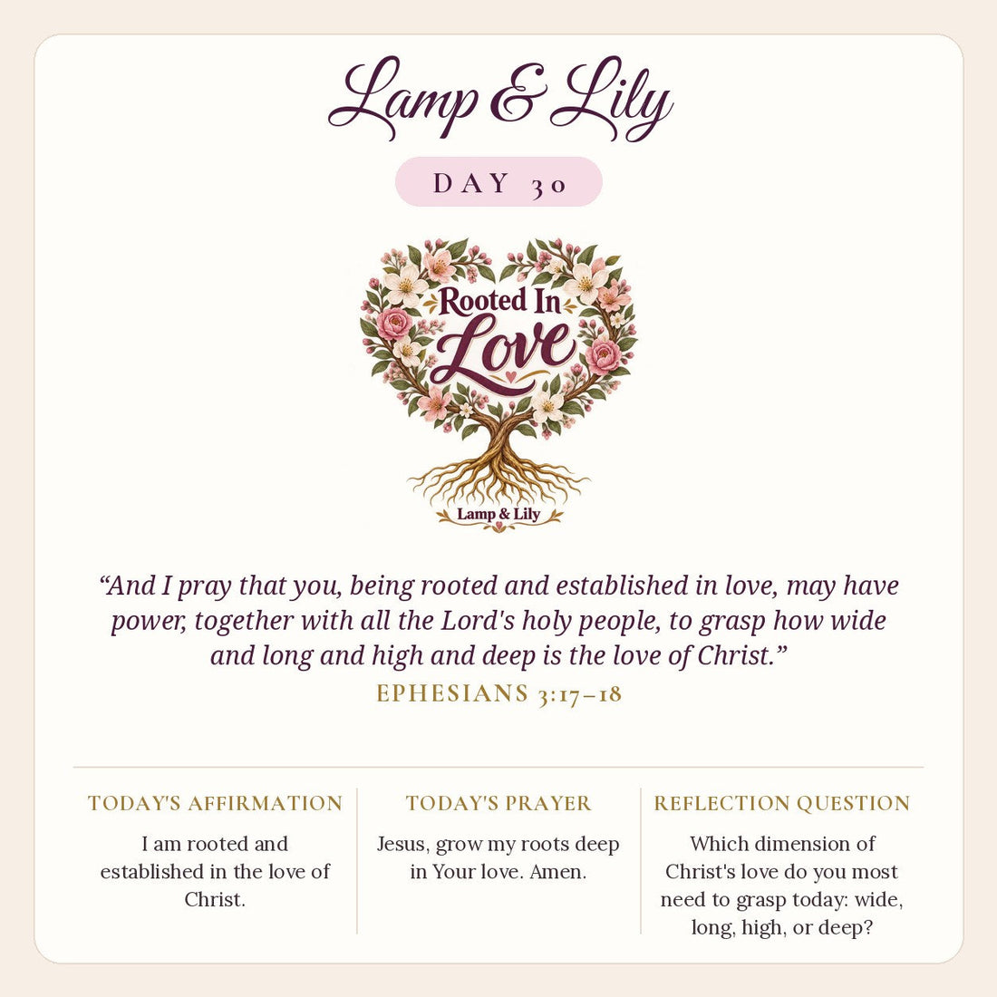 Lamp & Lily Day 30: Rooted In Love devotional graphic featuring a heart-shaped tree of pink blossoms with golden roots, lettered Rooted In Love, with Ephesians 3:17–18.
