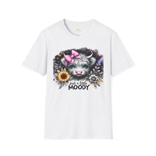 White t-shirt with a graphic of a cow wearing a bow and flowers, with text 'Just a little Moody', on a white background.