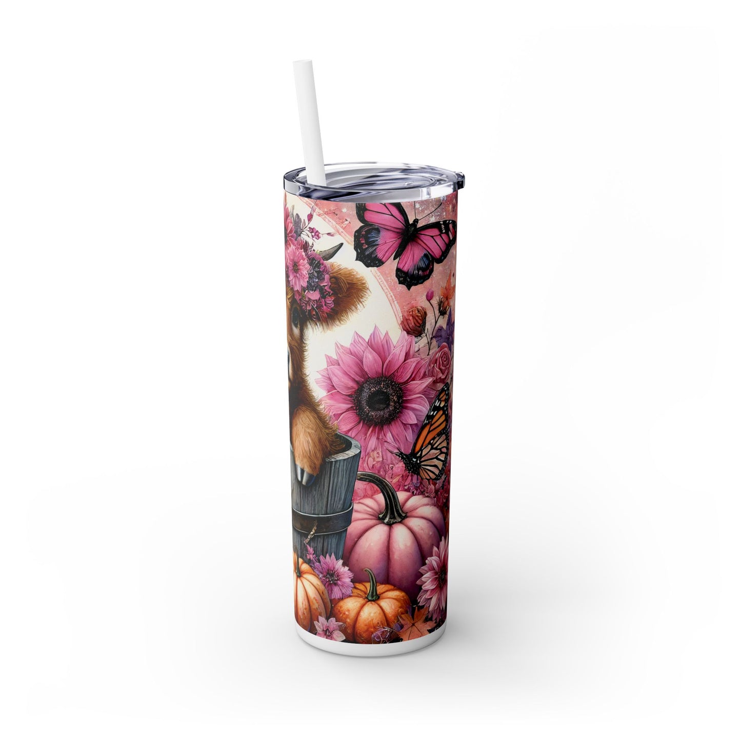 Pink Highland Cow Skinny Tumbler with Straw, 20oz