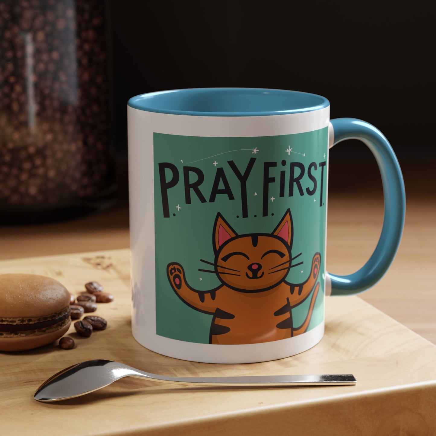 Pray First Cat Accent Coffee Mug