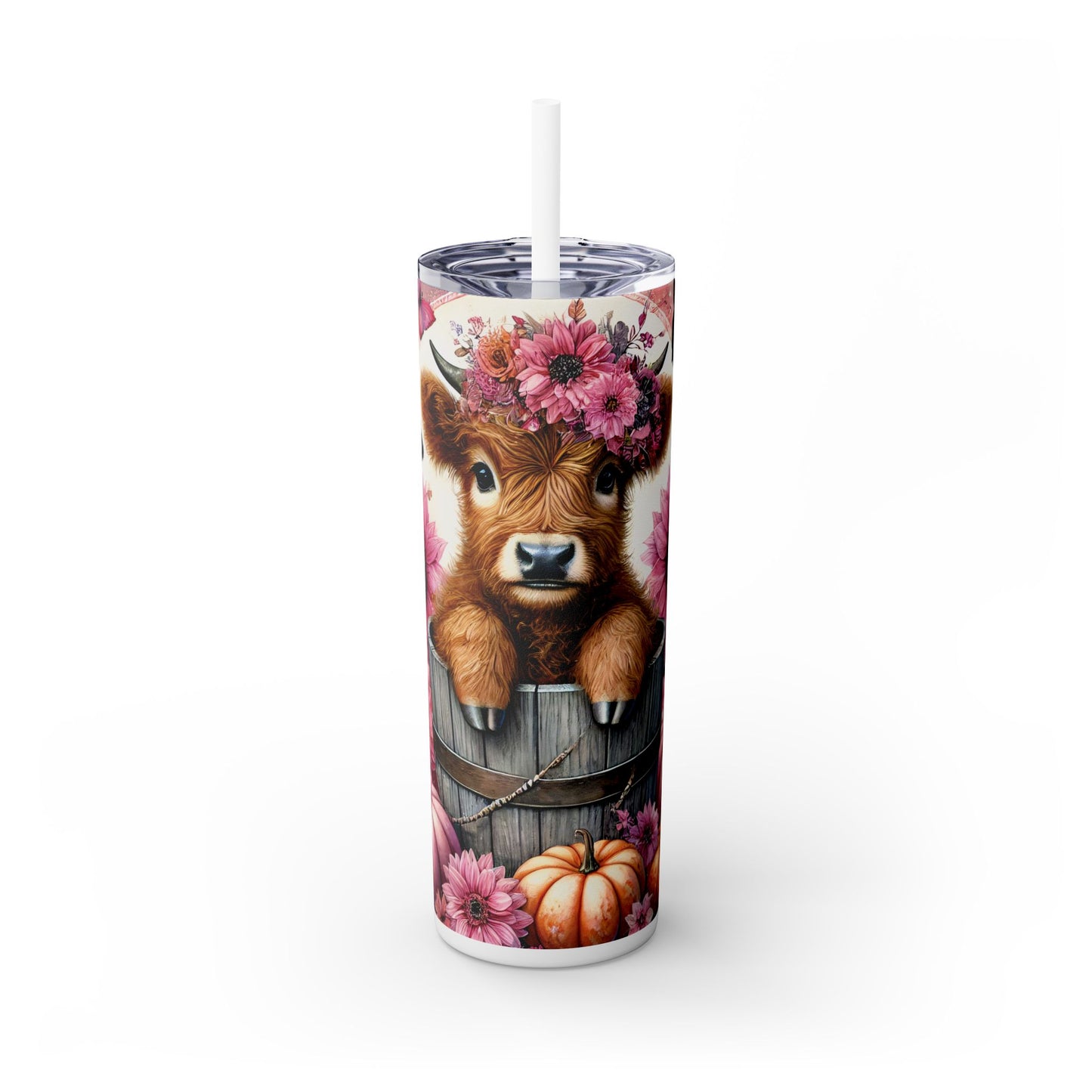 Pink Highland Cow Skinny Tumbler with Straw, 20oz