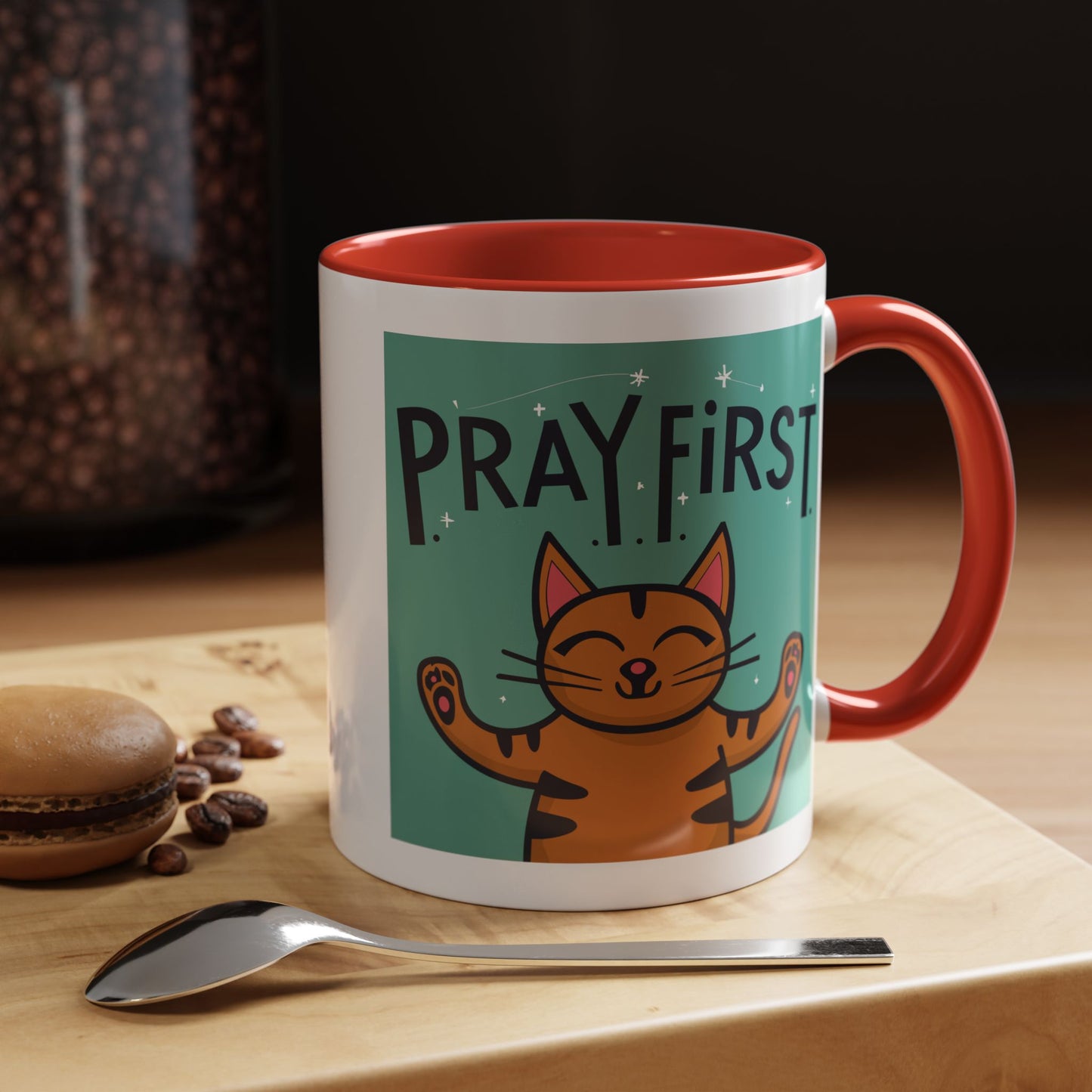 Pray First Cat Accent Coffee Mug