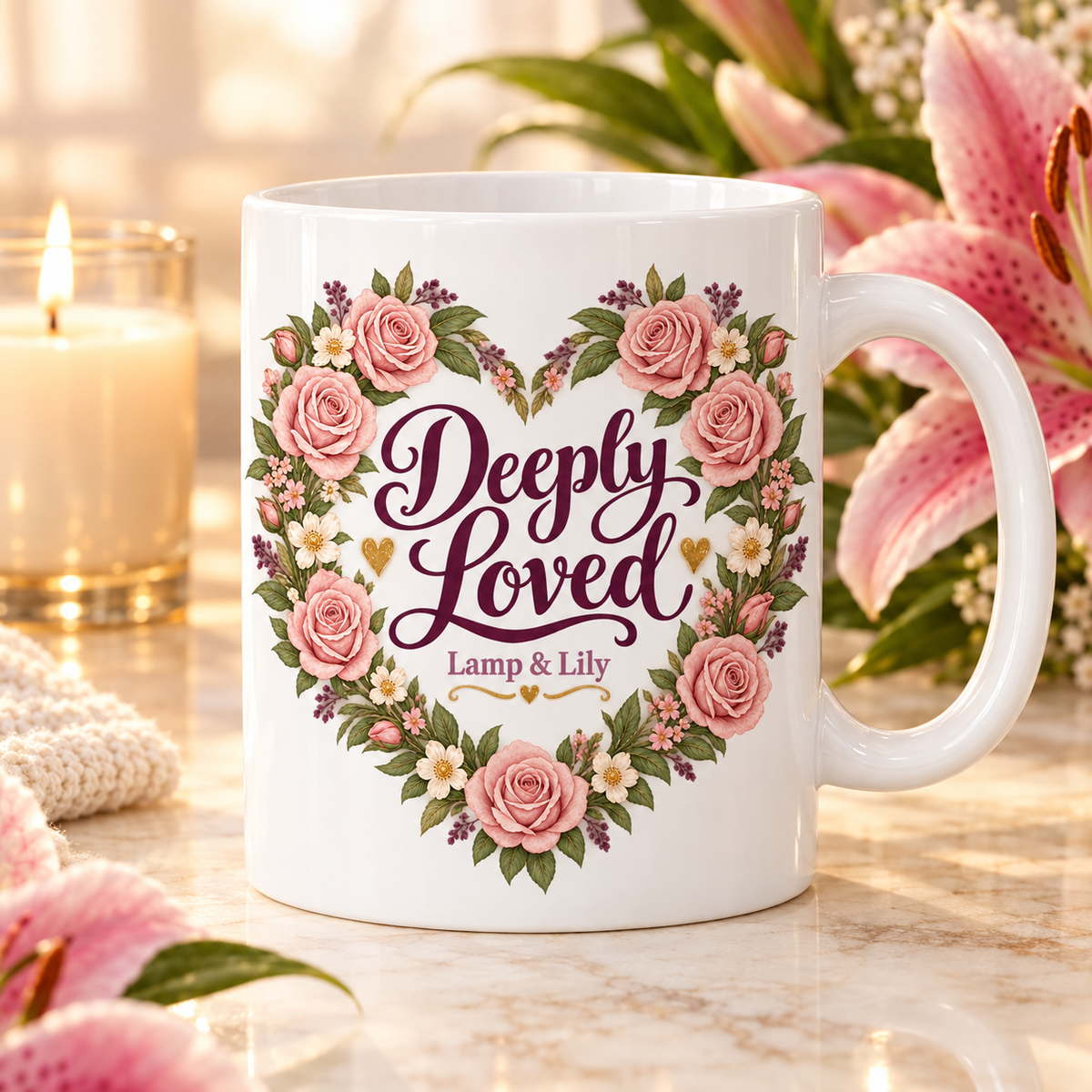 Deeply Loved Lamp & Lily mug with a floral faith design, inspired by 1 John 3:1