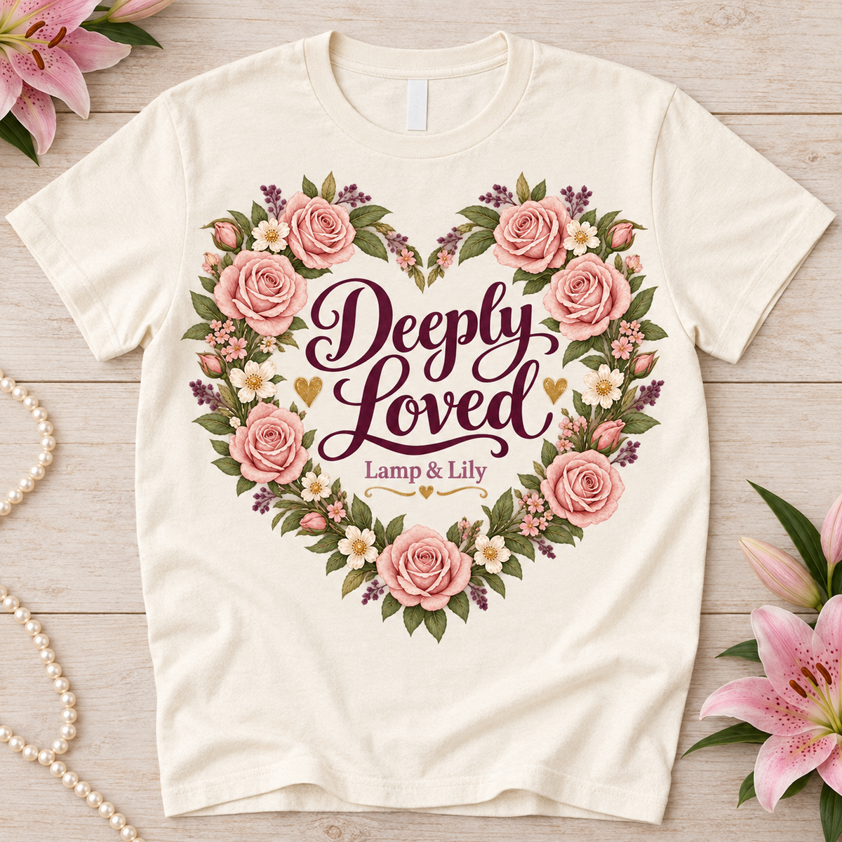 Deeply Loved Lamp & Lily tee with a floral faith design, inspired by 1 John 3:1