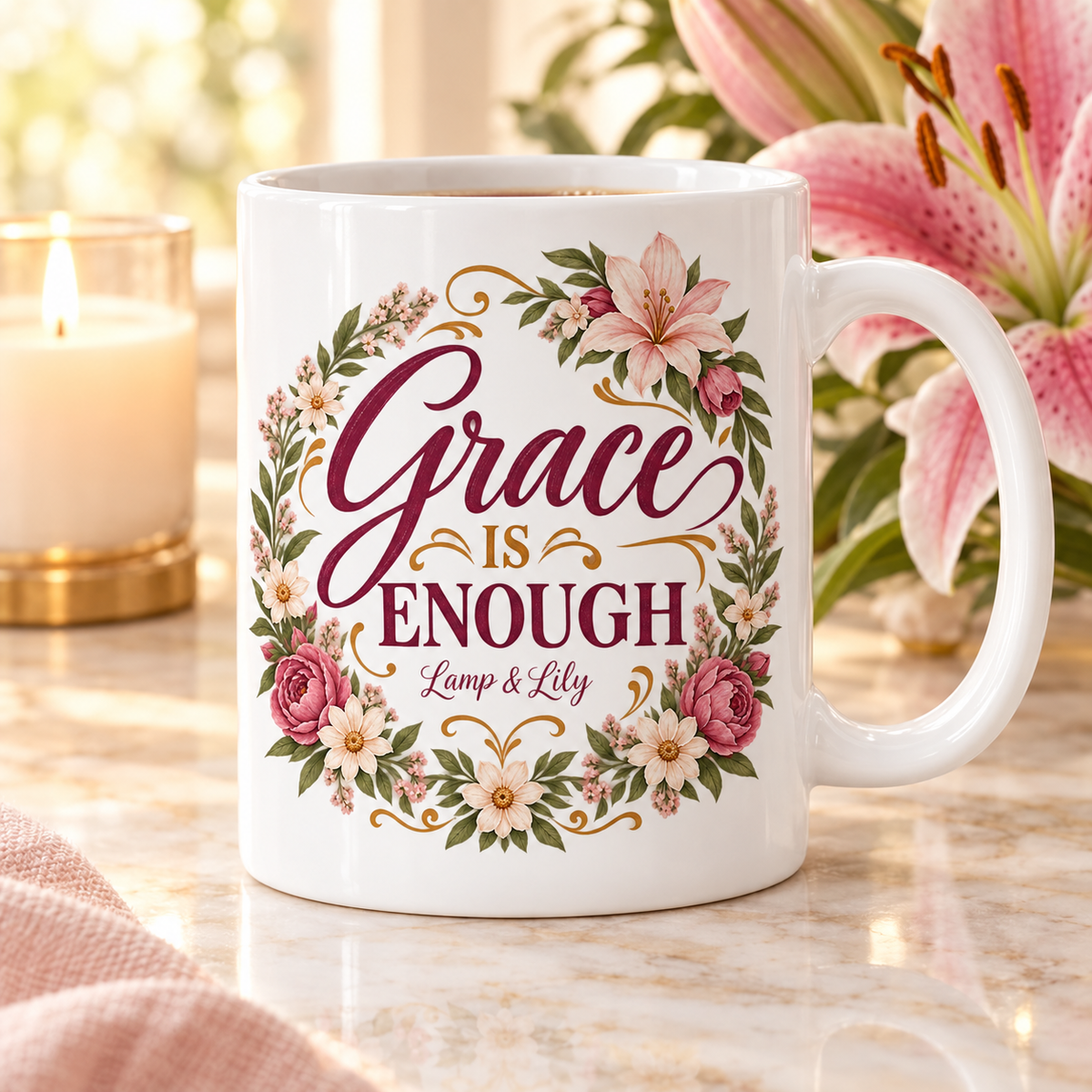 Grace is Enough Lamp & Lily mug with a floral faith design, inspired by 2 Corinthians 12:9