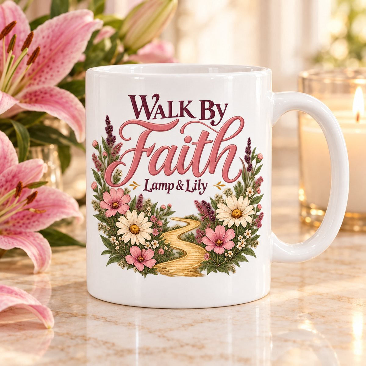 Walk by Faith Lamp & Lily mug with a floral faith design, inspired by 2 Corinthians 5:7