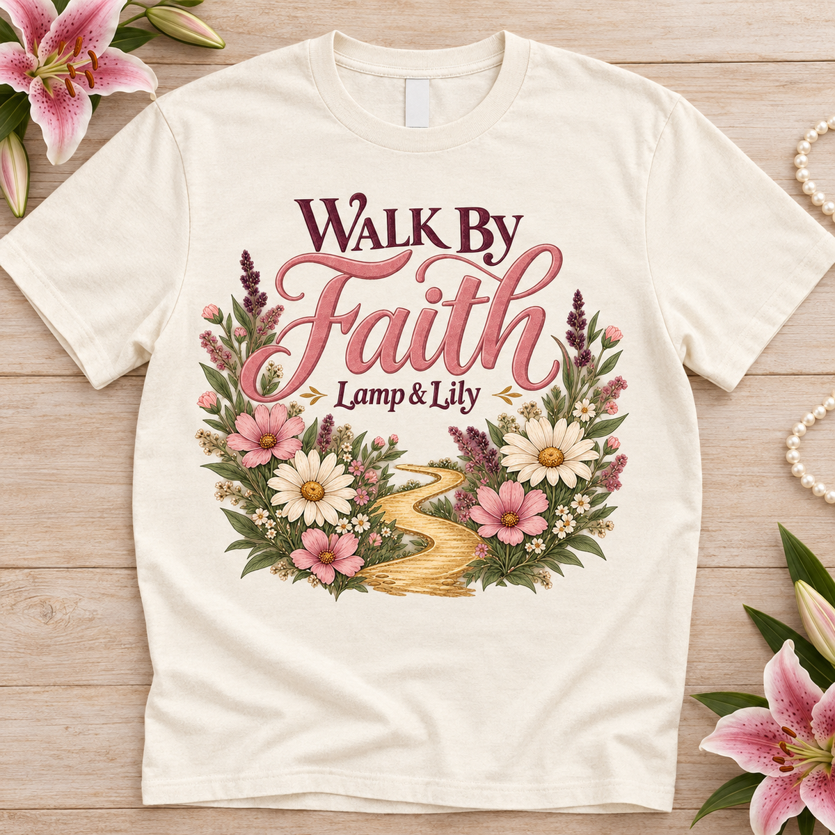 Walk by Faith Lamp & Lily tee with a floral faith design, inspired by 2 Corinthians 5:7