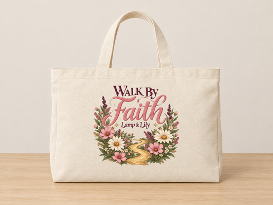 Walk by Faith cream canvas tote, Lamp and Lily Day 5