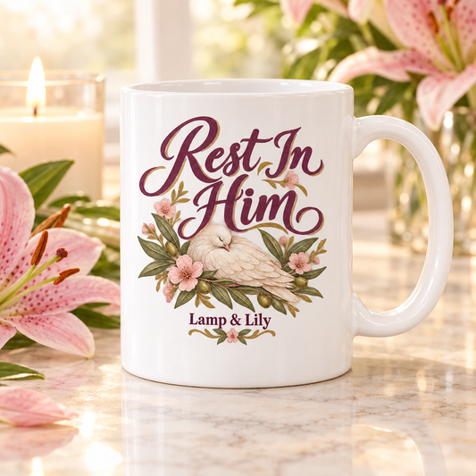 Rest in Him Lamp & Lily mug with a floral faith design, inspired by Matthew 11:28