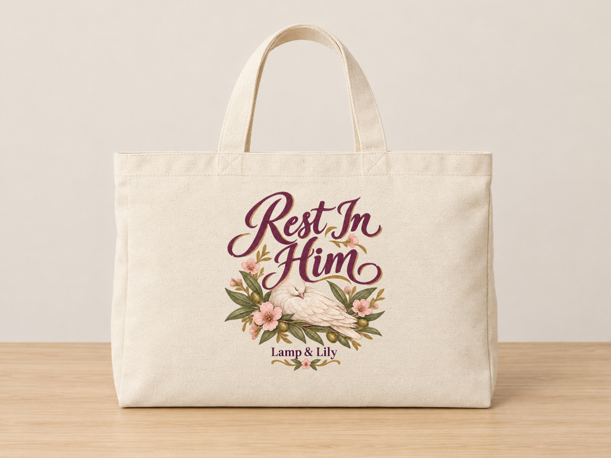Rest in Him cream canvas tote, Lamp and Lily Day 7