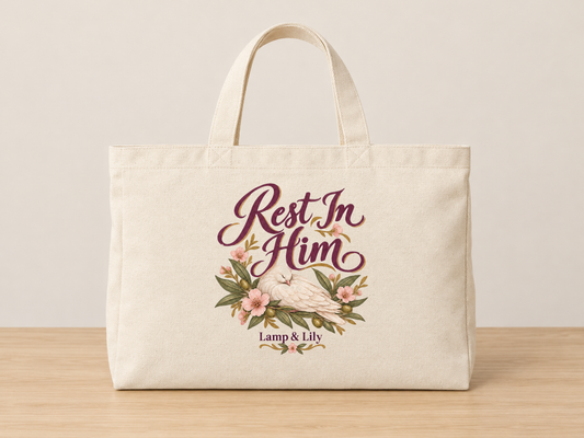 Rest in Him cream canvas tote, Lamp and Lily Day 7
