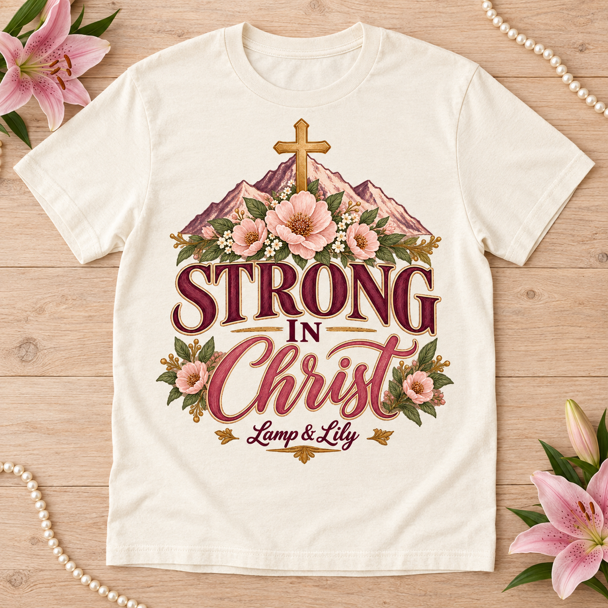 Strong in Christ Lamp & Lily tee with a floral faith design, inspired by Philippians 4:13