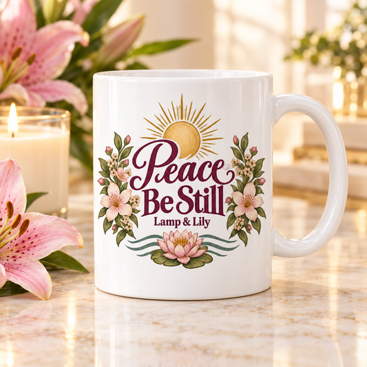 Peace Be Still Lamp & Lily mug with a floral faith design, inspired by Isaiah 26:3