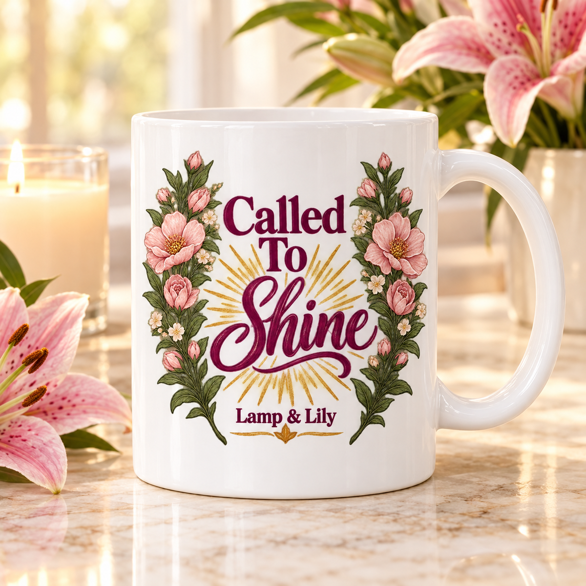 Called to Shine Lamp & Lily mug with a floral faith design, inspired by Matthew 5:16