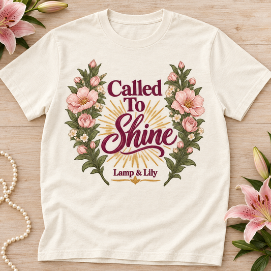 Called to Shine Lamp & Lily tee with a floral faith design, inspired by Matthew 5:16