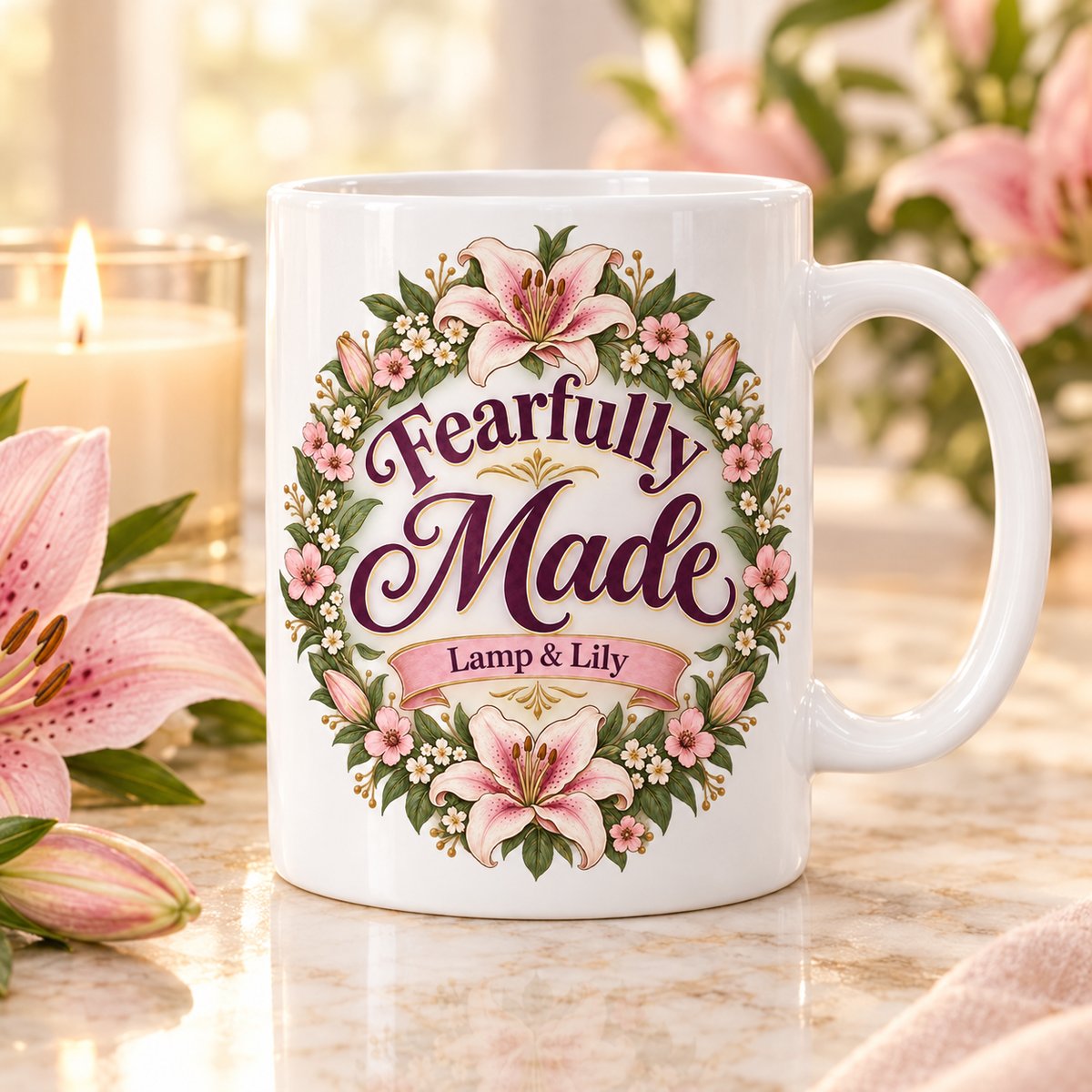 Fearfully Made Lamp & Lily mug with a floral faith design, inspired by Psalm 139:14
