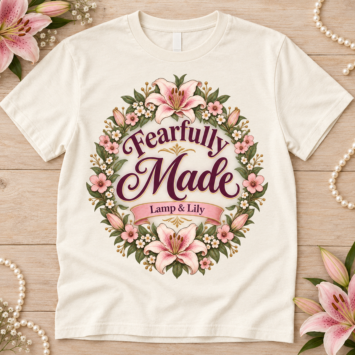 Fearfully Made Lamp & Lily tee with a floral faith design, inspired by Psalm 139:14