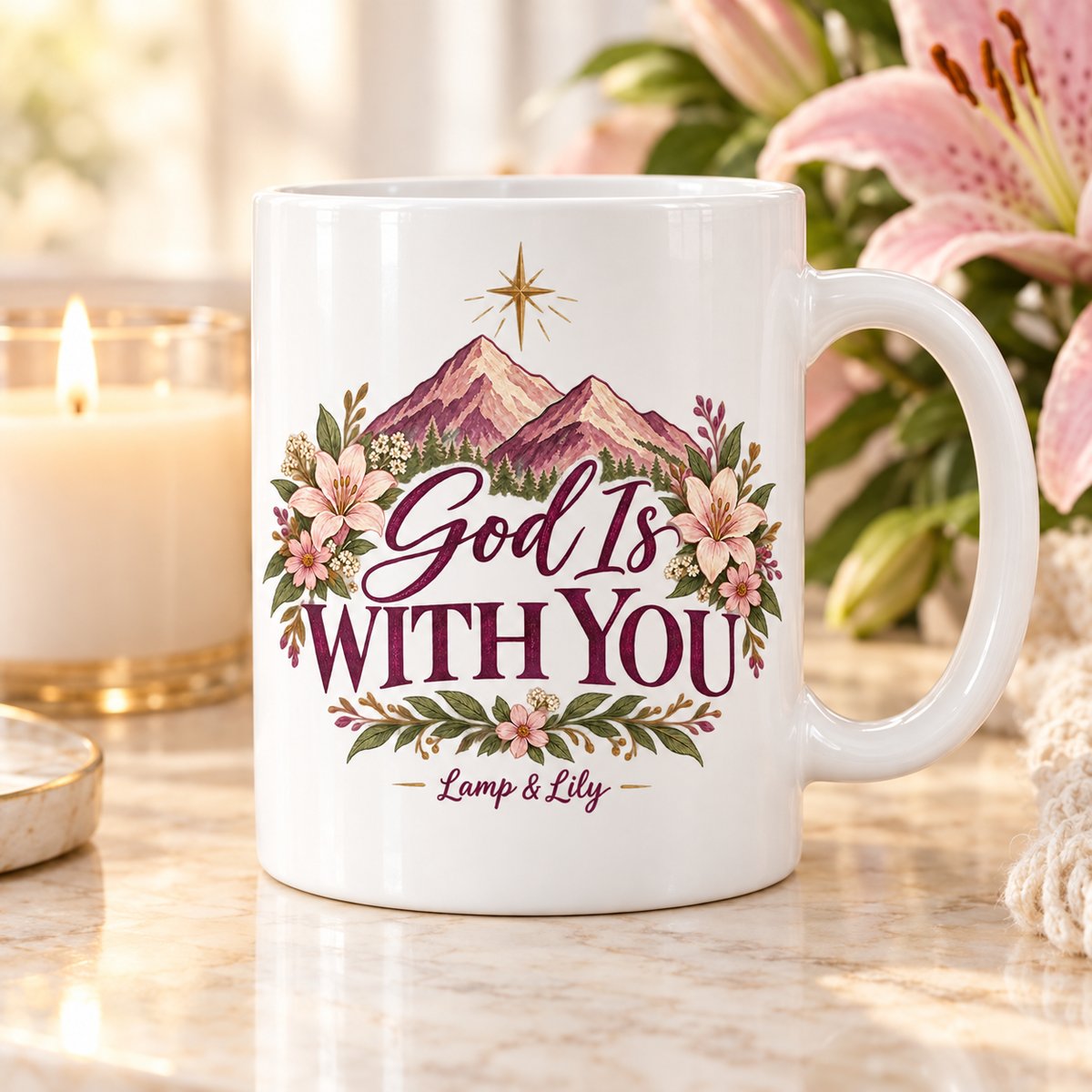 God is With You Lamp & Lily mug with a floral faith design, inspired by Joshua 1:9