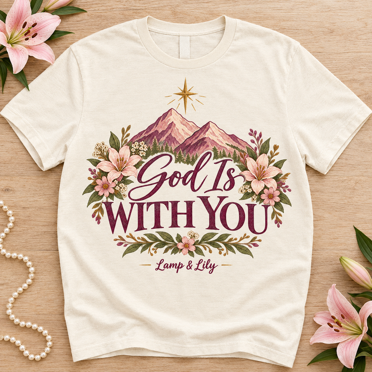 God is With You Lamp & Lily tee with a floral faith design, inspired by Joshua 1:9