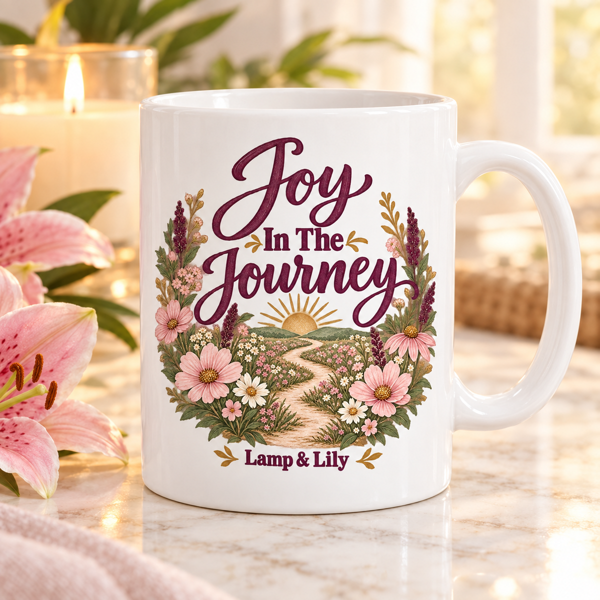 Joy in the Journey Lamp & Lily mug with a floral faith design, inspired by Nehemiah 8:10
